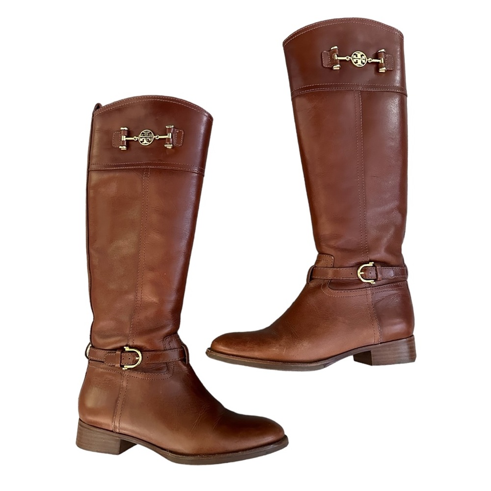 Tory Burch Nadine Riding Boot Brown Leather Gold Hardware Tall Boots